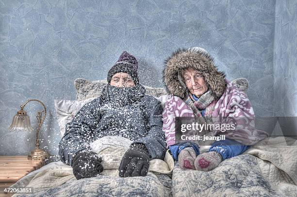 senior couple in snow-covered bed - cold house stock pictures, royalty-free photos & images