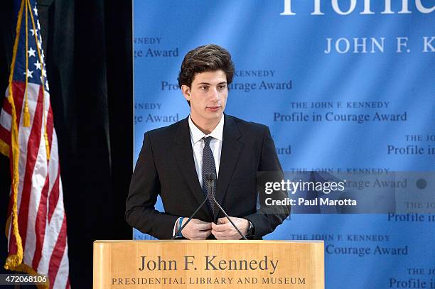 John F. Kennedy's grandson Jack Schlossberg wears one of his grandfather's neckties at the 2015 JFK Profile in Courage Award ceremony honoring Bob...