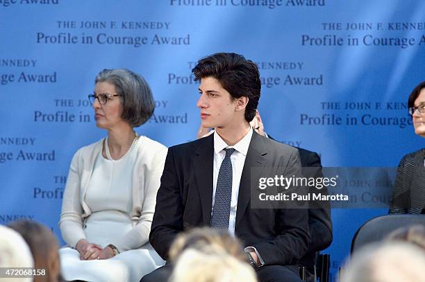 John F. Kennedy's grandson Jack Schlossberg wears one of his grandfather's neckties at the 2015 JFK Profile in Courage Award ceremony honoring Bob...