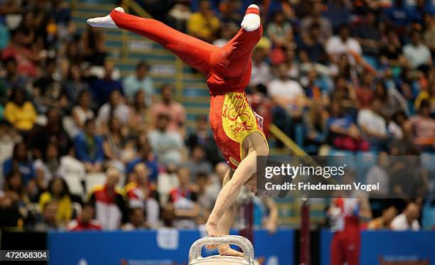 Ruoteng Xiao of China competes on the Pommel Horse during day two of the Gymnastics World Challenge Cup Brazil 2015 at Ibirapuera Gymnasium on May 3,...