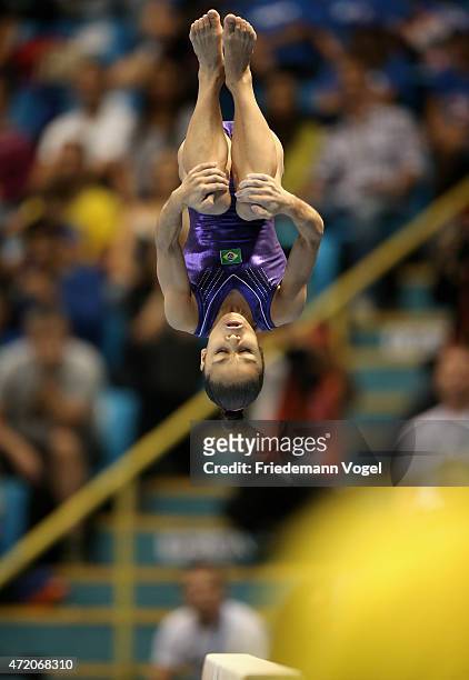Flavia Saraiva of Brazil competes on the Balance Beam during day two of the Gymnastics World Challenge Cup Brazil 2015 at Ibirapuera Gymnasium on May...