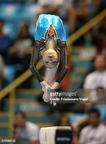Chunsong Shang of China competes on the Balance Beam during day two of the Gymnastics World Challenge Cup Brazil 2015 at Ibirapuera Gymnasium on May...