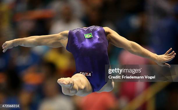 Flavia Saraiva of Brazil competes on the Balance Beam during day two of the Gymnastics World Challenge Cup Brazil 2015 at Ibirapuera Gymnasium on May...