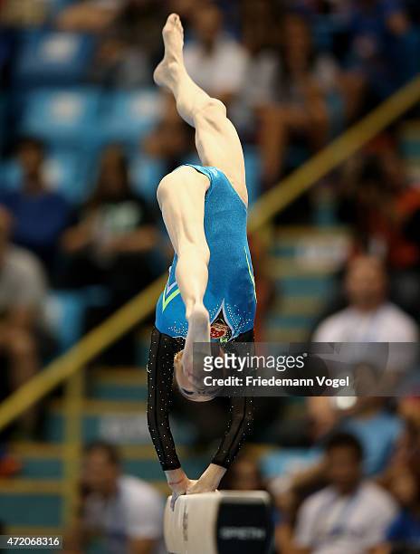 Chunsong Shang of China competes on the Balance Beam during day two of the Gymnastics World Challenge Cup Brazil 2015 at Ibirapuera Gymnasium on May...