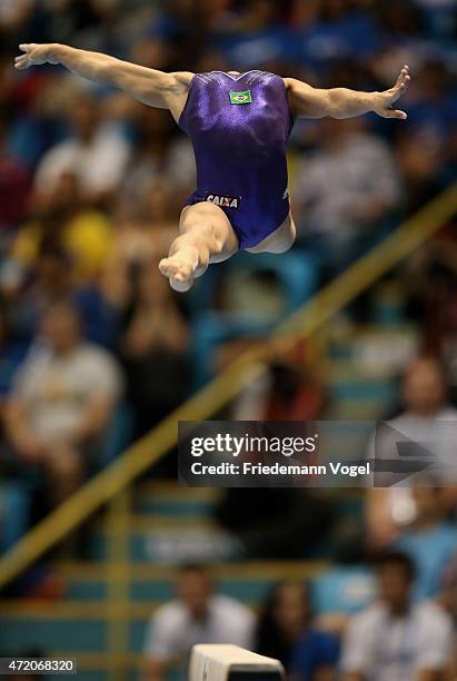 Flavia Saraiva of Brazil competes on the Balance Beam during day two of the Gymnastics World Challenge Cup Brazil 2015 at Ibirapuera Gymnasium on May...