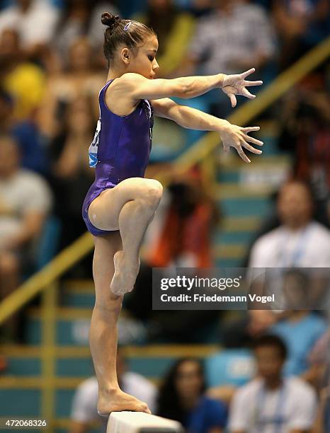 Flavia Saraiva of Brazil competes on the Balance Beam during day two of the Gymnastics World Challenge Cup Brazil 2015 at Ibirapuera Gymnasium on May...