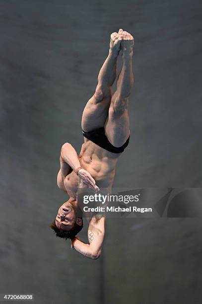 Tom Daley of Great Britain performs his 'firework' dive on his way to winning the Men's 10m Final during the FINA/NVC Diving World Series at Aquatics...