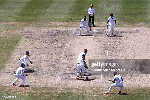 Chris Jordan of England catches Kraigg Brathwaite of West Indies at first off the bowling of Moeen Ali during day three of the 3rd Test match between...