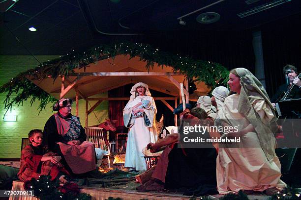 christmas with nativity scene - passion play stockfoto's en -beelden