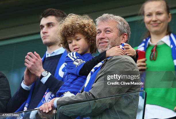Chelsea owner Roman Abramovich looks on as Chelsea win the Premier League title after the Barclays Premier League match between Chelsea and Crystal...