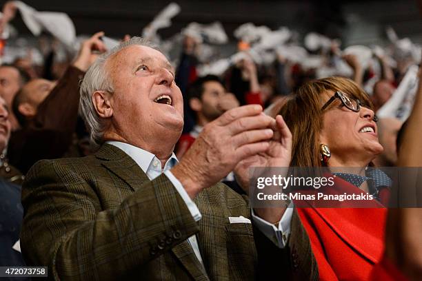 Former Canadian Prime Minister Brian Mulroney accompanied by his wife Mila Mulroney enjoy the atmosphere in Game One of the Eastern Conference...