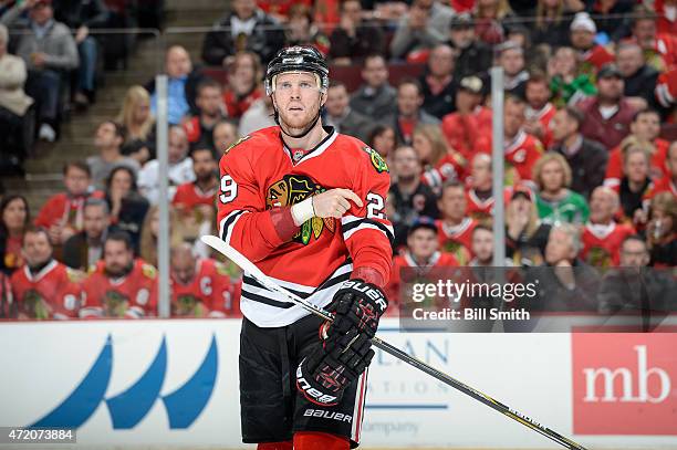 Bryan Bickell of the Chicago Blackhawks looks on during Game Four of the Western Conference Quarterfinals against the Nashville Predators during the...