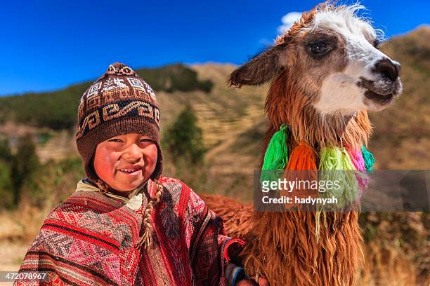 peruanische kleine junge trägt-kleidung mit lama in der nähe liegende cuzco - indian animals stock-fotos und bilder