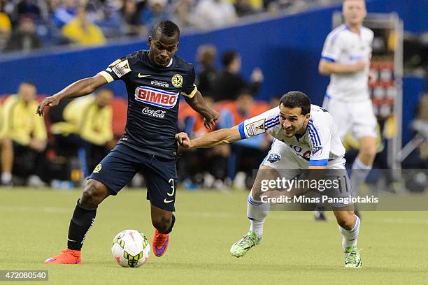 Darwin Quintero of Club America controls the ball near Dilly Duka of the Montreal Impact in the 2nd Leg of the CONCACAF Champions League Final at...