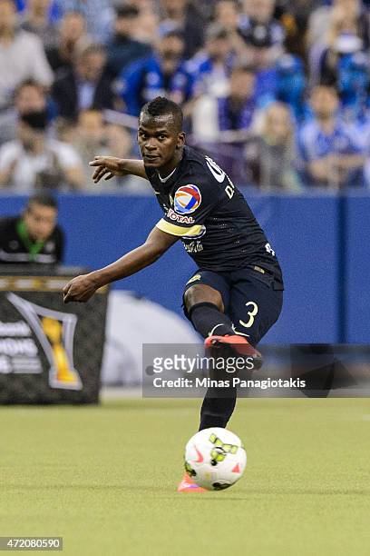 Darwin Quintero of Club America kicks the ball in the 2nd Leg of the CONCACAF Champions League Final against the Montreal Impact at Olympic Stadium...