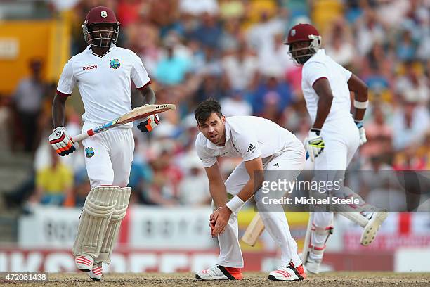 James Anderson of England shows his frustration as a caught and bowled chance was missed from Jermaine Blackwood of West Indies during day three of...