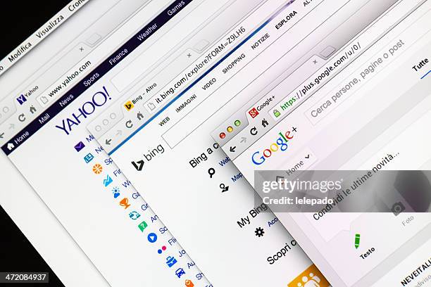 vários motor de pesquisa, a página web - yahoo imagens e fotografias de stock