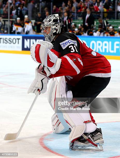 Martin Jones, goaltender of Canada looks on during the IIHF World Championship group A match between Canada and Germany on May 3, 2015 in Prague,...