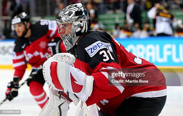 Martin Jones, goaltender of Canada looks on during the IIHF World Championship group A match between Canada and Germany on May 3, 2015 in Prague,...