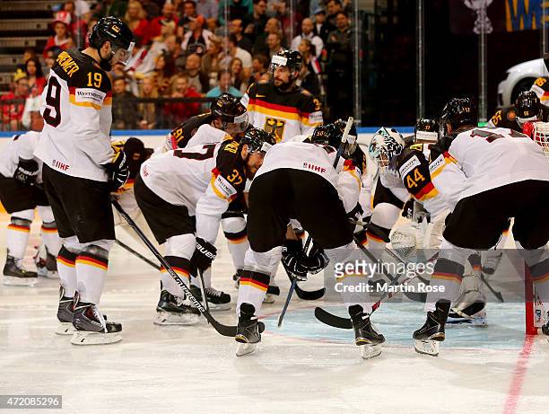 The team of Germany lines up before the IIHF World Championship group A match between Canada and Germany on May 3, 2015 in Prague, Czech Republic.