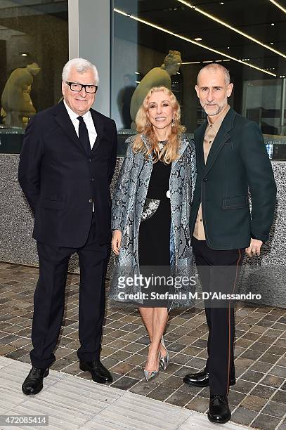 Patrizio Bertelli ,Franca Sozzani and Fabio Zambernardi attend the Fondazione Prada Opening on May 3, 2015 in Milan, Italy.