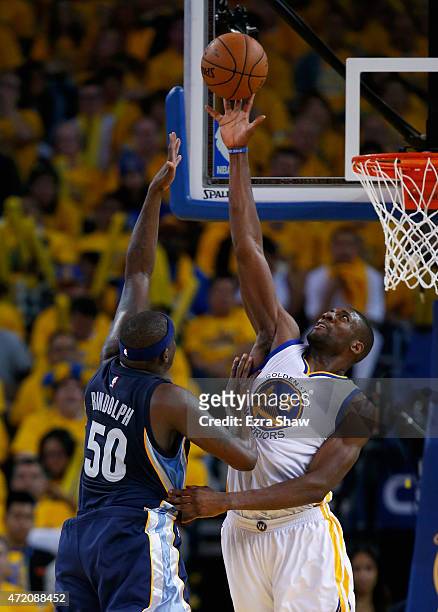 Festus Ezeli of the Golden State Warriors blocks a shot taken by Zach Randolph of the Memphis Grizzlies during Game One of the Western Conference...