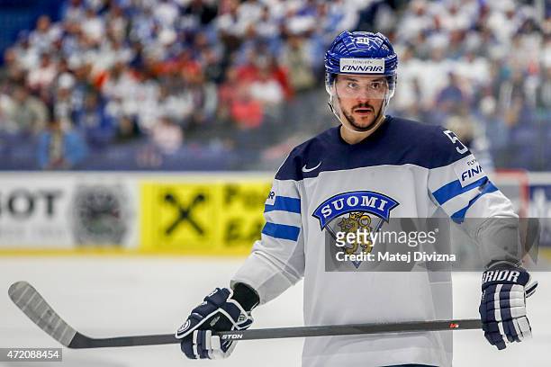 Juhamatti Aaltonen of Finland in action during the IIHF World Championship group B match between Denmark and Finland at CEZ Arena on May 3, 2015 in...