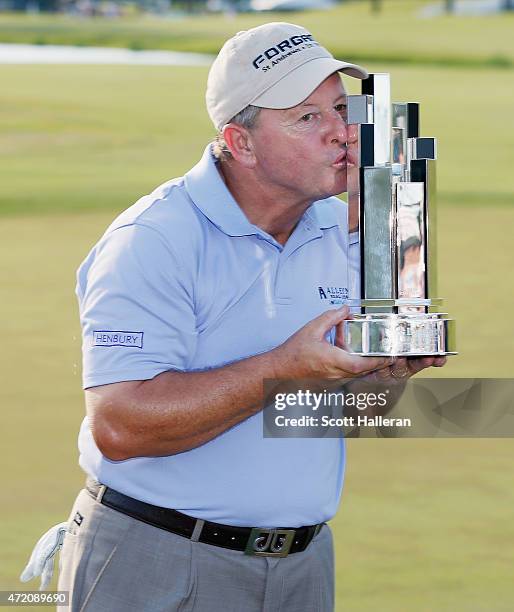 Ian Woosnam of Wales kisses the trophy after winning the Insperity Invitational at The Woodlands CC on May 3, 2015 in The Woodlands, Texas.