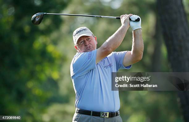 Ian Woosnam of Wales hits his tee shot on the first playoff hole during the final round of the Insperity Invitational at The Woodlands CC on May 3,...