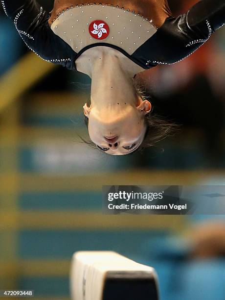 Hiu Ying Wong of Hong Kong competes on the Balance Beam during day two of the Gymnastics World Challenge Cup Brazil 2015 at Ibirapuera Gymnasium on...