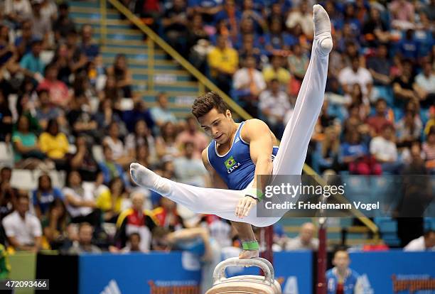 Petrix Steven Aguiar Barbosa of Brazil competes on the Pommel Horse during day two of the Gymnastics World Challenge Cup Brazil 2015 at Ibirapuera...