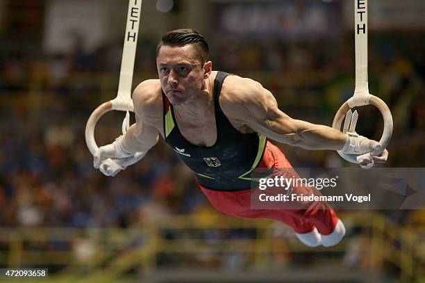 Andreas Toba of Germany competes on the Rings during day two of the Gymnastics World Challenge Cup Brazil 2015 at Ibirapuera Gymnasium on May 3, 2015...