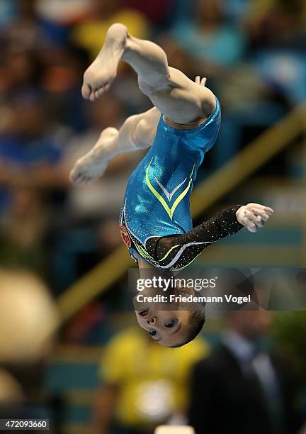 Chunsong Shang of China warm up on the Balance Beam during day two of the Gymnastics World Challenge Cup Brazil 2015 at Ibirapuera Gymnasium on May...