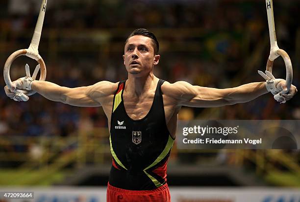 Andreas Toba of Germany competes on the Rings during day two of the Gymnastics World Challenge Cup Brazil 2015 at Ibirapuera Gymnasium on May 3, 2015...