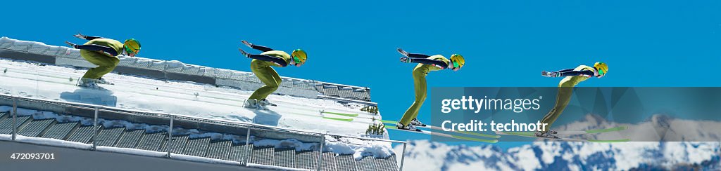 Multiple image of ski jumper at take off