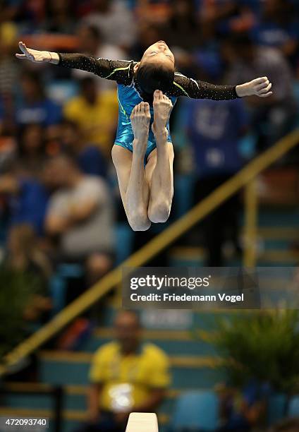 Chunsong Shang of China warm up on the Balance Beam during day two of the Gymnastics World Challenge Cup Brazil 2015 at Ibirapuera Gymnasium on May...