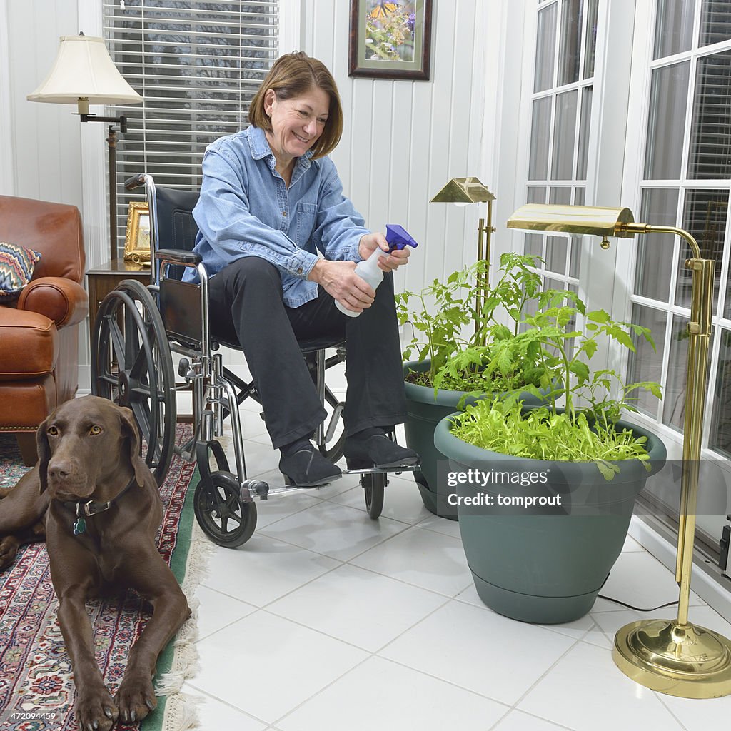 Disabilitato donna giardinaggio al coperto