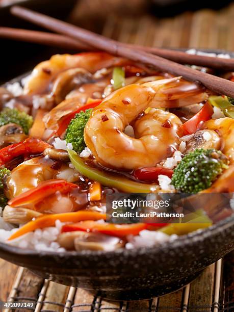 teriyaki shrimp rice bowl - sweet and sour dish stock pictures, royalty-free photos & images