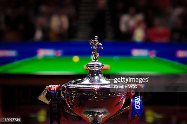 The trophy is seen during the final match on day sixteen of the 2015 Betfred World Snooker Championship at Crucible Theater on May 3, 2015 in...