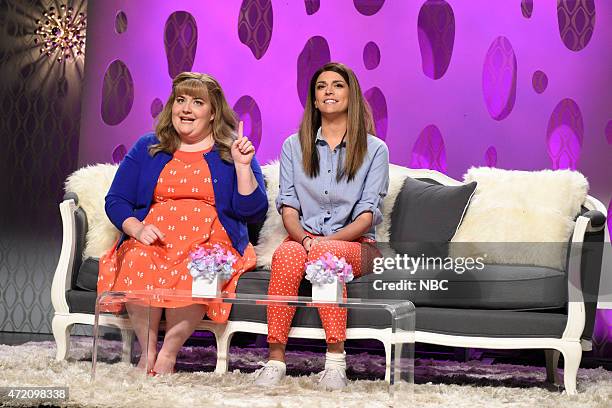 Scarlett Johansson" Episode 1681 -- Pictured: Aidy Bryant as Morgan and Cecily Strong as Kyra during the "Girlfriends Talk Show" skit on May 2, 2015...