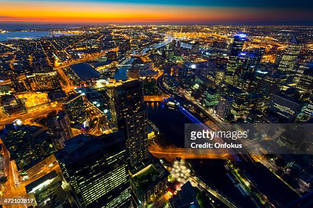 cityscape of melbourne at sunset, australia - melbourne lights stock pictures, royalty-free photos & images