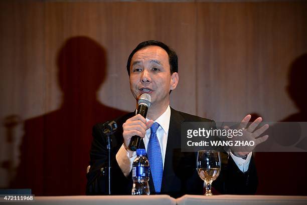 Eric Chu, chairman of Taiwan's ruling Kuomintang party speaks during a press conference at a hotel in Beijing on May 4, 2015. China's Communist Party...