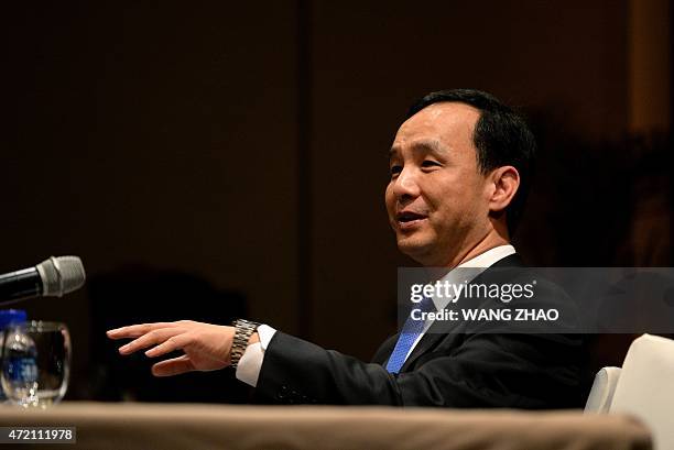 Eric Chu, chairman of Taiwan's ruling Kuomintang party speaks during a press conference at a hotel in Beijing on May 4, 2015. China's Communist Party...