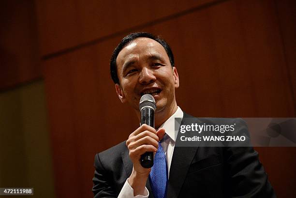 Eric Chu, chairman of Taiwan's ruling Kuomintang party speaks during a press conference at a hotel in Beijing on May 4, 2015. China's Communist Party...