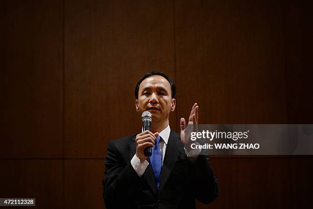 Eric Chu, chairman of Taiwan's ruling Kuomintang party speaks during a press conference at a hotel in Beijing on May 4, 2015. China's Communist Party...