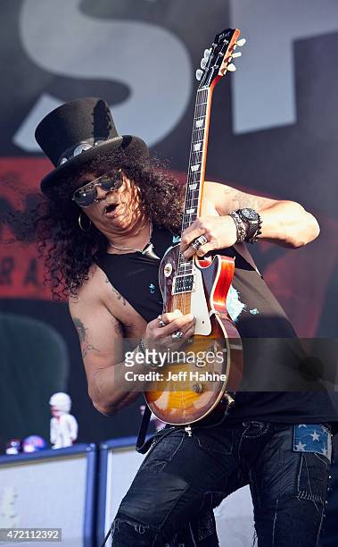 Guitarist Slash of Slash featuring Myles Kennedy and the Conspirators performs during day 2 of the Carolina Rebellion at Charlotte Motor Speedway on...