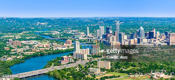 austin texas downtown panoramic cityscape skyline aerial view - austin texas aerial stock pictures, royalty-free photos & images