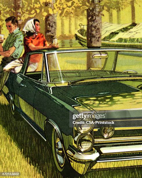 bildbanksillustrationer, clip art samt tecknat material och ikoner med couple sitting on vintage green car - woman outside
