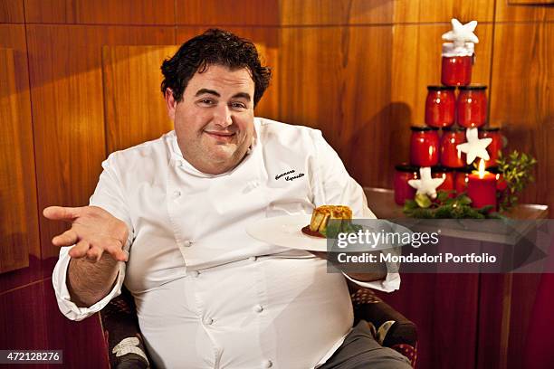 "The chef Gennaro Esposito presenting the Christmas dish from his childhood, the upright candele timbale with Neapolitan meat sauce. Photo shooting....