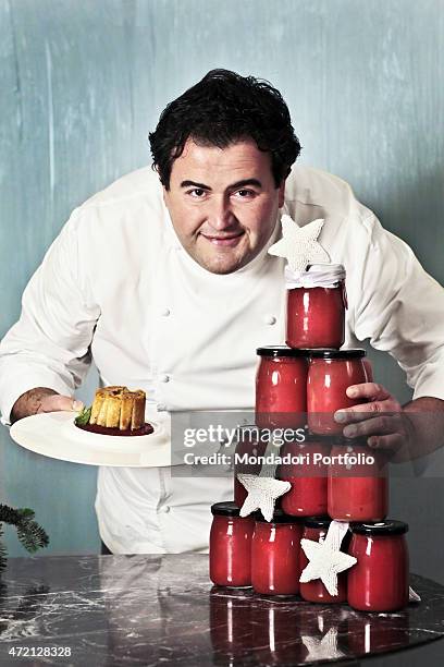 "The chef Gennaro Esposito presenting the Christmas dish from his childhood, the upright candele timbale with Neapolitan meat sauce. Photo shooting....